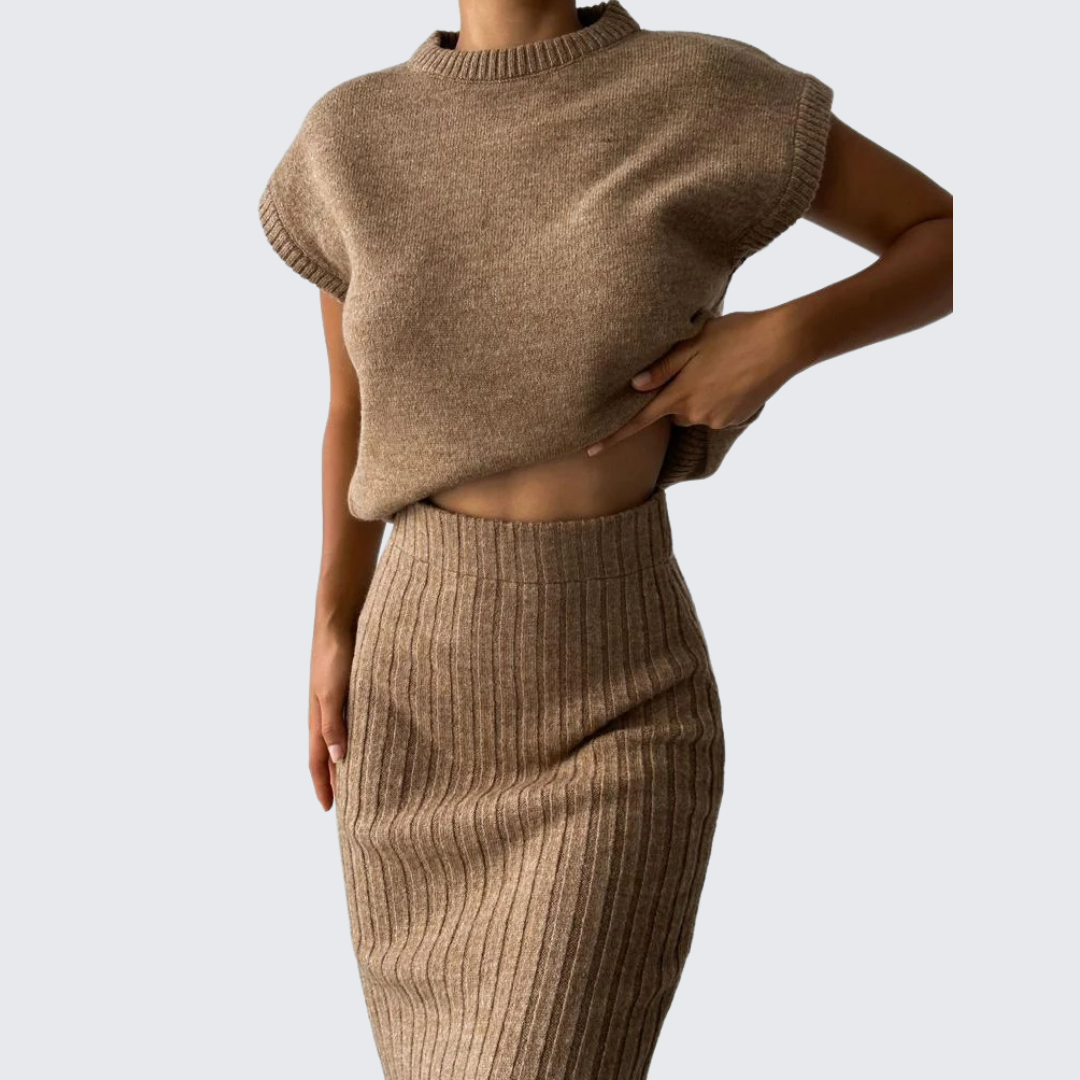 Attire | Elegant sleeveless cardigan and knitted skirt