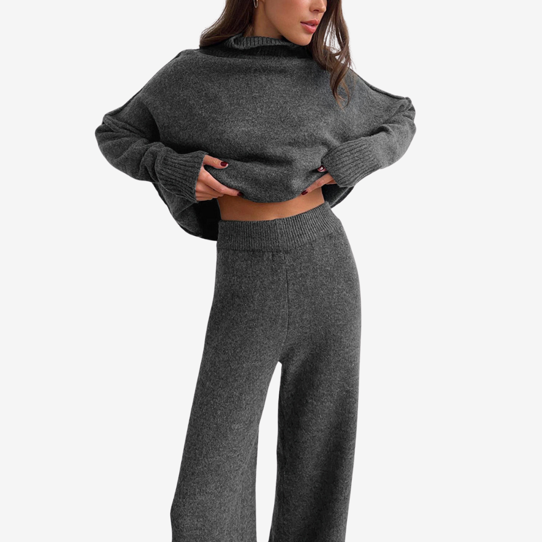 Plain Turtleneck Knit Pants Set