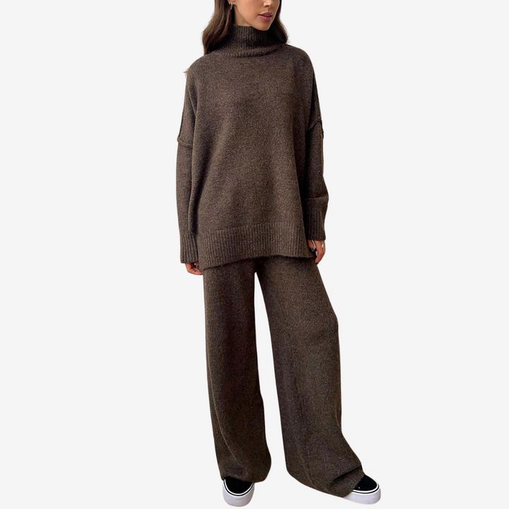 Plain Turtleneck Knit Pants Set