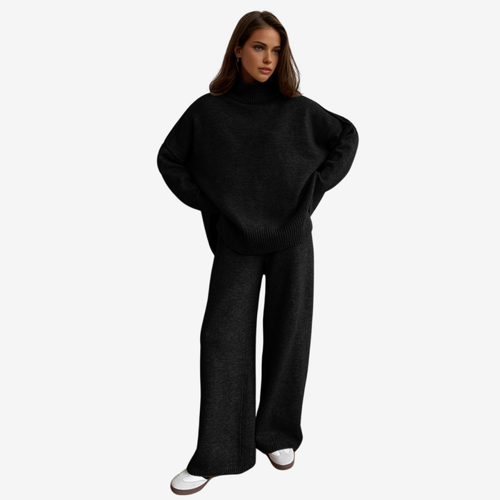 Plain Turtleneck Knit Pants Set