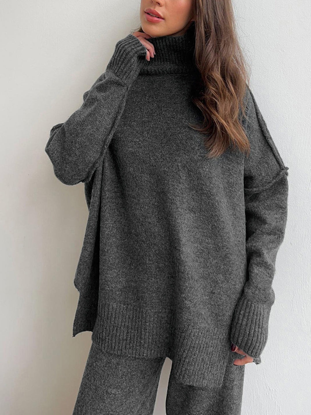 Plain Turtleneck Knit Pants Set