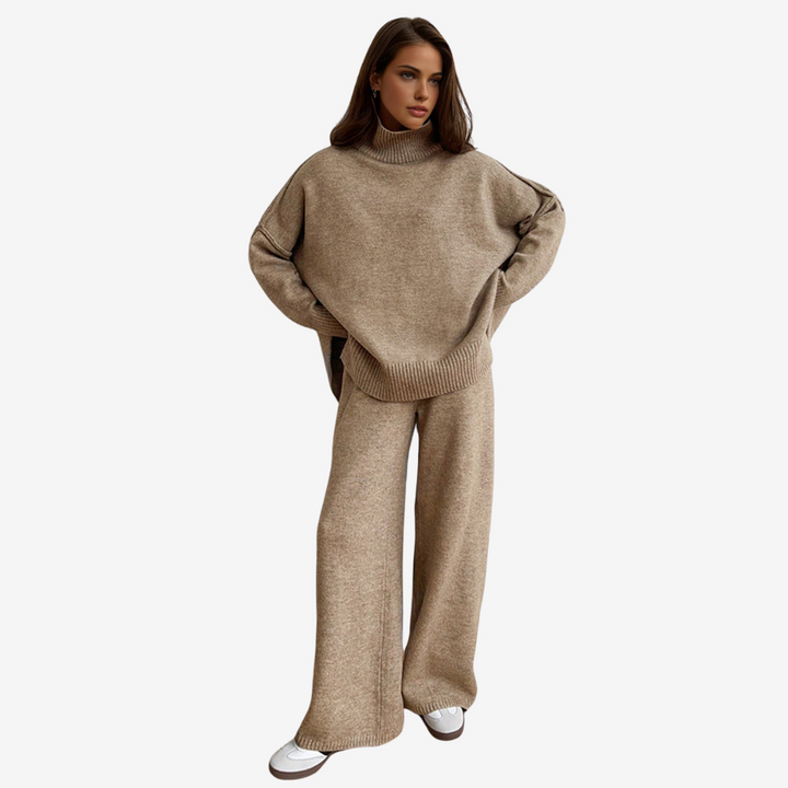 Plain Turtleneck Knit Pants Set